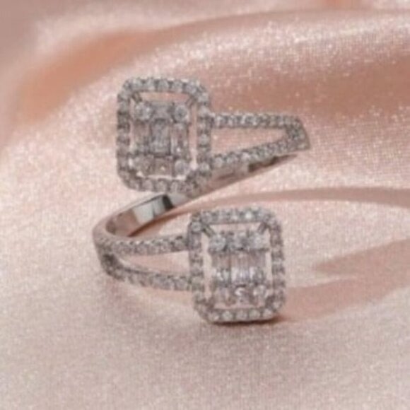 18k White Gold Plated Open Adjustable Silver Diamond Ring - Picture 2 of 5